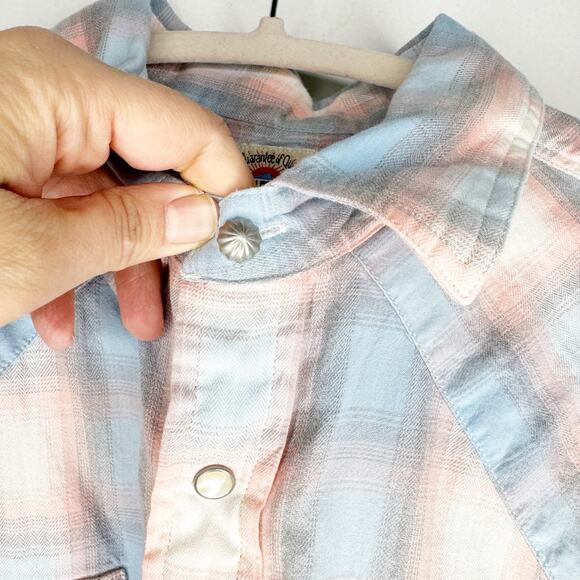 Faherty Artisan Twill Western Shirt Collared Pink Blue Plaid Pearlized Buttons M - Picture 4 of 13